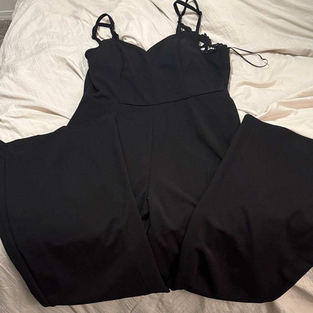 Francesca's Collections Black Wide-Leg Lace-Trim Jumpsuit